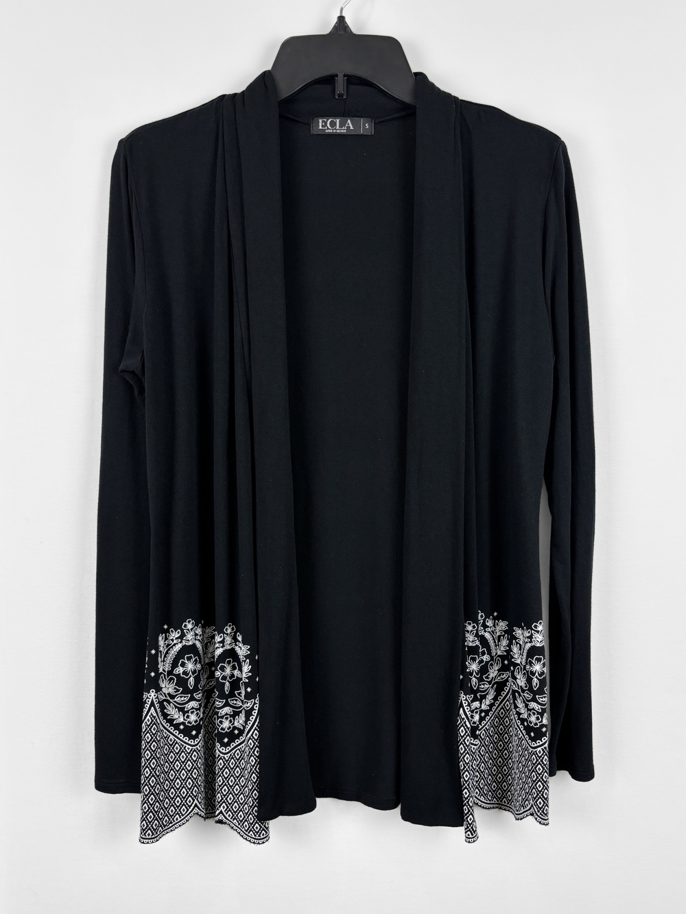 ECLA Black And White Floral Lace Print Open Front Long Sleeve Cardigan Small